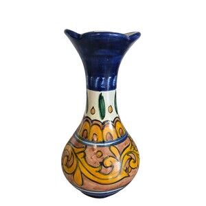 Vintage Mexican Talavera Pottery Vase Handmade Handpainted Scalloped Edge Scroll